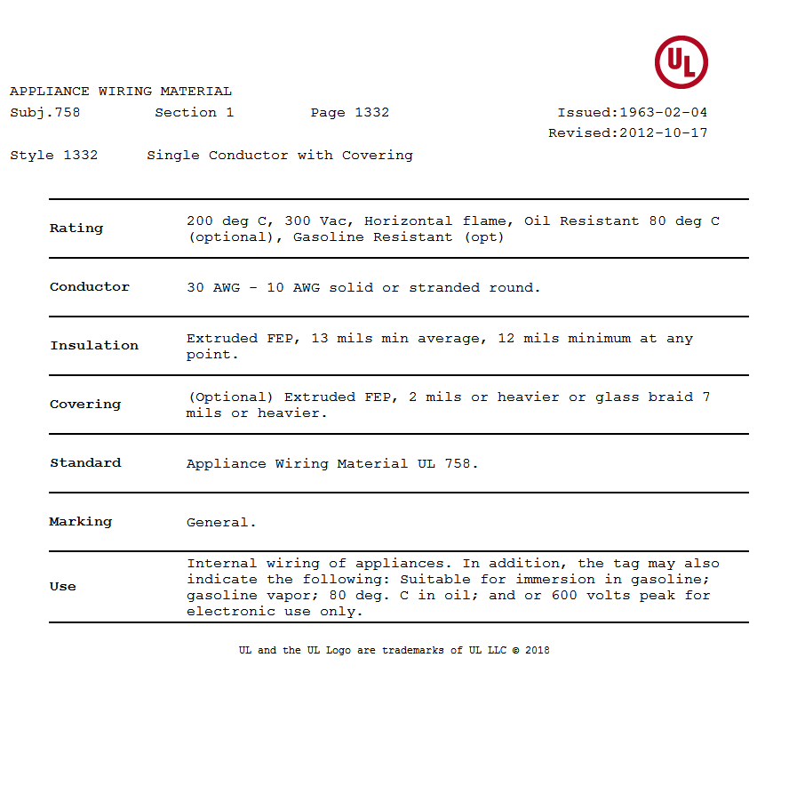 美國(guó)UL 1332 鐵氟龍電線認(rèn)證報(bào)告