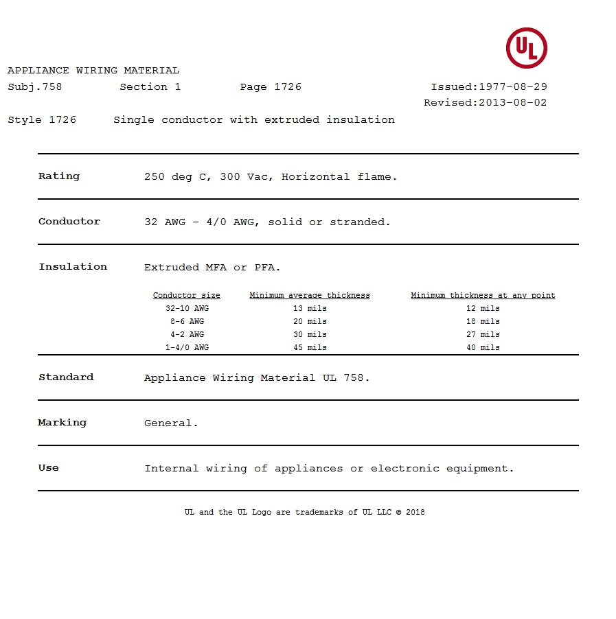 美國UL 1726 鐵氟龍電線認(rèn)證報(bào)告
