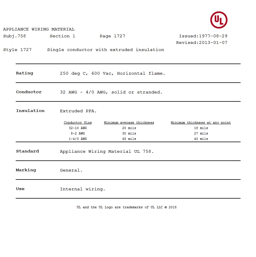 美國UL 1727 鐵氟龍電線認(rèn)證報(bào)告