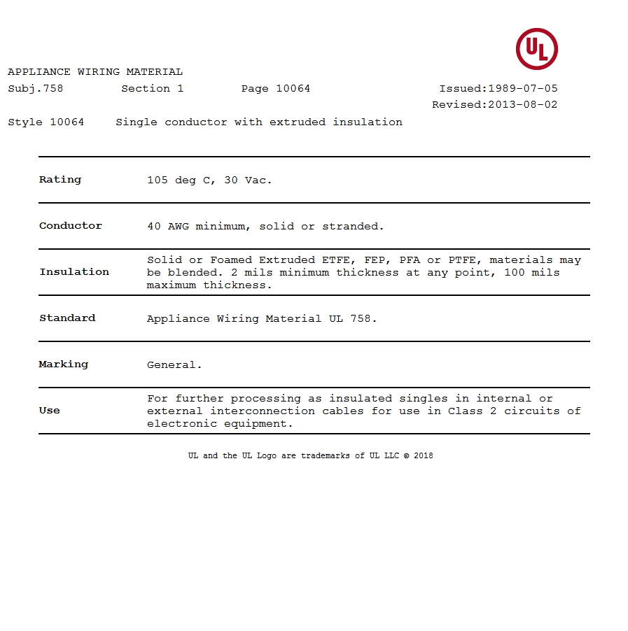 美國UL 10064 鐵氟龍電線認(rèn)證報(bào)告