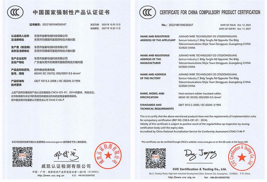 PA尊龍凱時電線3C認證證書